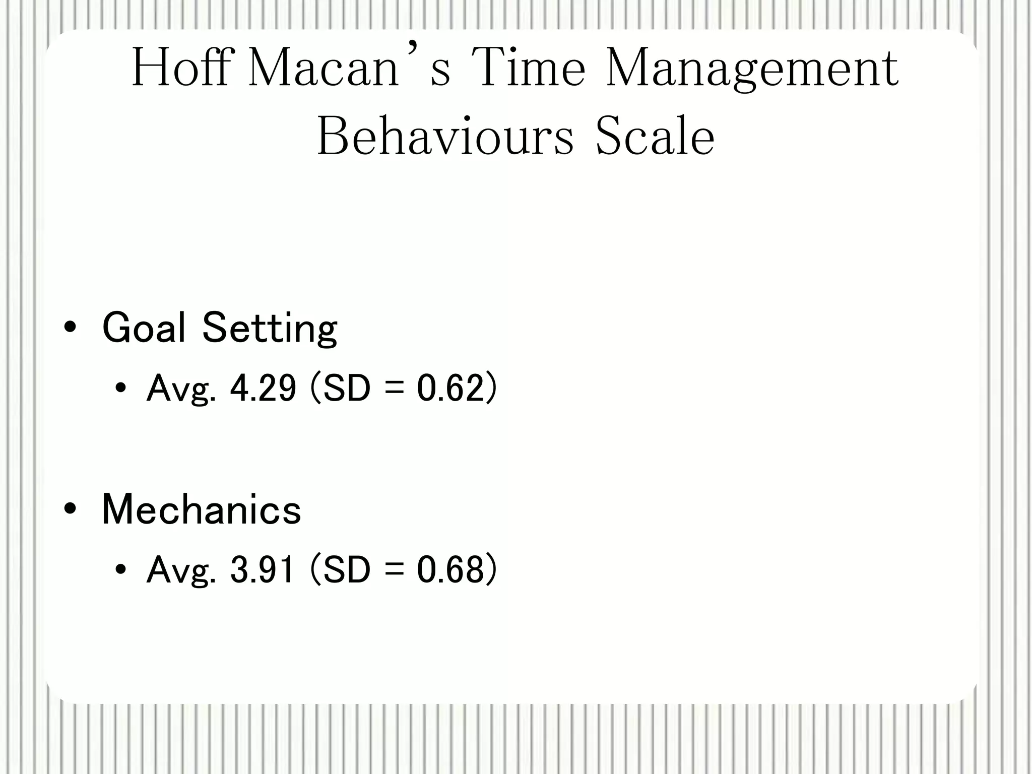 Hoff Macan’s Time Management 
Behaviours Scale 
• Goal Setting 
• Avg. 4.29 (SD = 0.62) 
• Mechanics 
• Avg. 3.91 (SD = 0.68) 
 