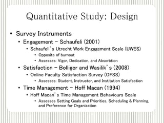 Quantitative Study: Design 
• Survey Instruments 
• Engagement – Schaufeli (2001) 
• Schaufeli’s Utrecht Work Engagement Scale (UWES) 
• Opposite of burnout 
• Assesses: Vigor, Dedication, and Absorbtion 
• Satisfaction - Bolliger and Wasilik’s (2008) 
• Online Faculty Satisfaction Survey (OFSS) 
• Assesses: Student, Instructor, and Institution Satisfaction 
• Time Management - Hoff Macan (1994) 
• Hoff Macan’s Time Management Behaviours Scale 
• Assesses Setting Goals and Priorities, Scheduling & Planning, 
and Preference for Organization 
 