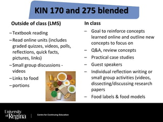 KIN 170 and 275 blended 
Outside of class (LMS) 
– Textbook reading 
–Read online units (includes 
graded quizzes, videos, polls, 
reflections, quick facts, 
pictures, links) 
– Small group discussions - 
videos 
– Links to food 
– portions 
Centre for Continuing Education 
In class 
– Goal to reinforce concepts 
learned online and outline new 
concepts to focus on 
– Q&A, review concepts 
– Practical case studies 
– Guest speakers 
– Individual reflection writing or 
small group activities (videos, 
dissecting/discussing research 
papers 
– Food labels & food models 
 
