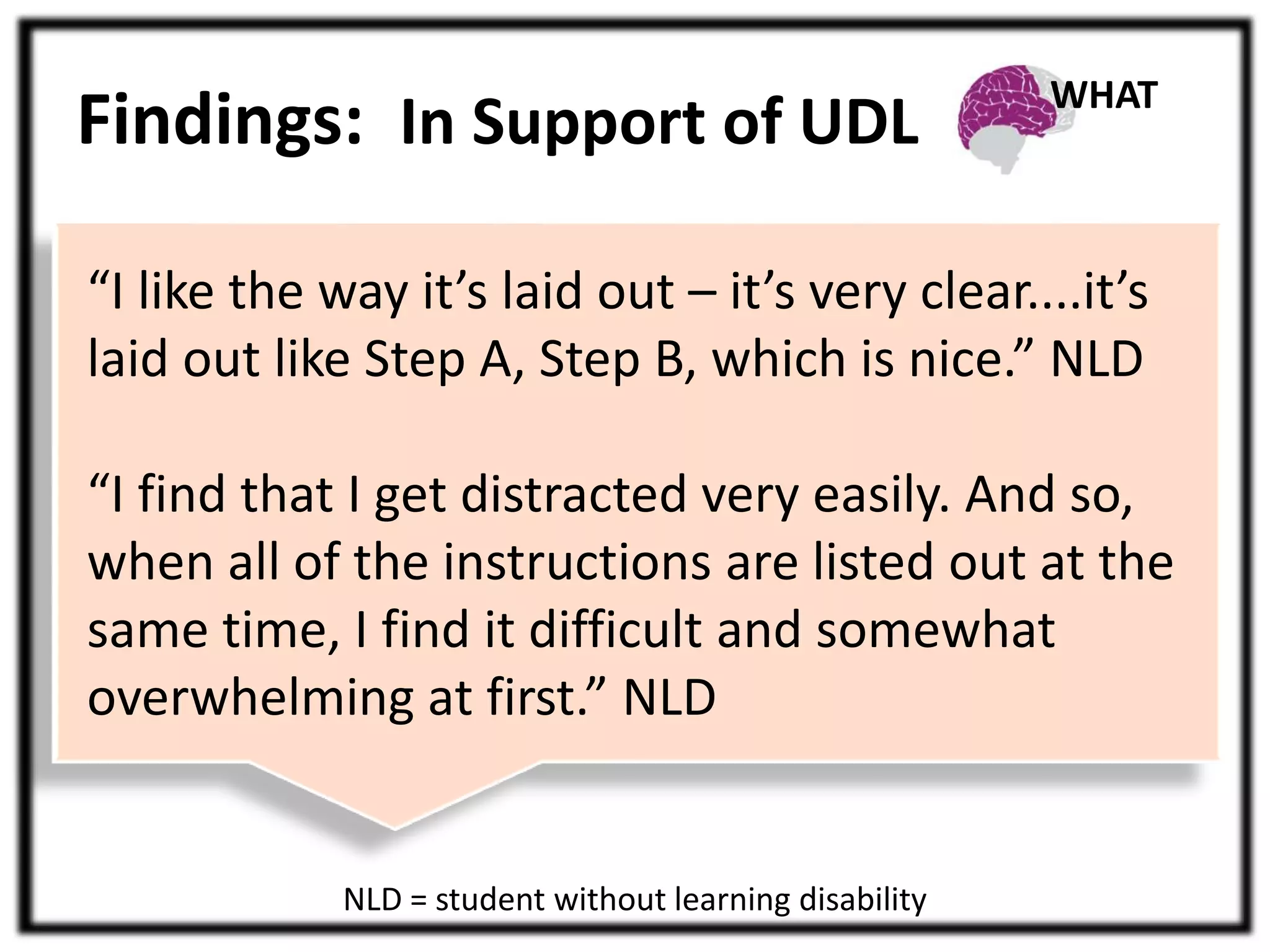 Findings: In Support of UDL 
“I like the way it’s laid out – it’s very clear....it’s 
laid out like Step A, Step B, which is nice.” NLD 
“I find that I get distracted very easily. And so, 
when all of the instructions are listed out at the 
same time, I find it difficult and somewhat 
overwhelming at first.” NLD 
NLD = student without learning disability 
WHAT 
 