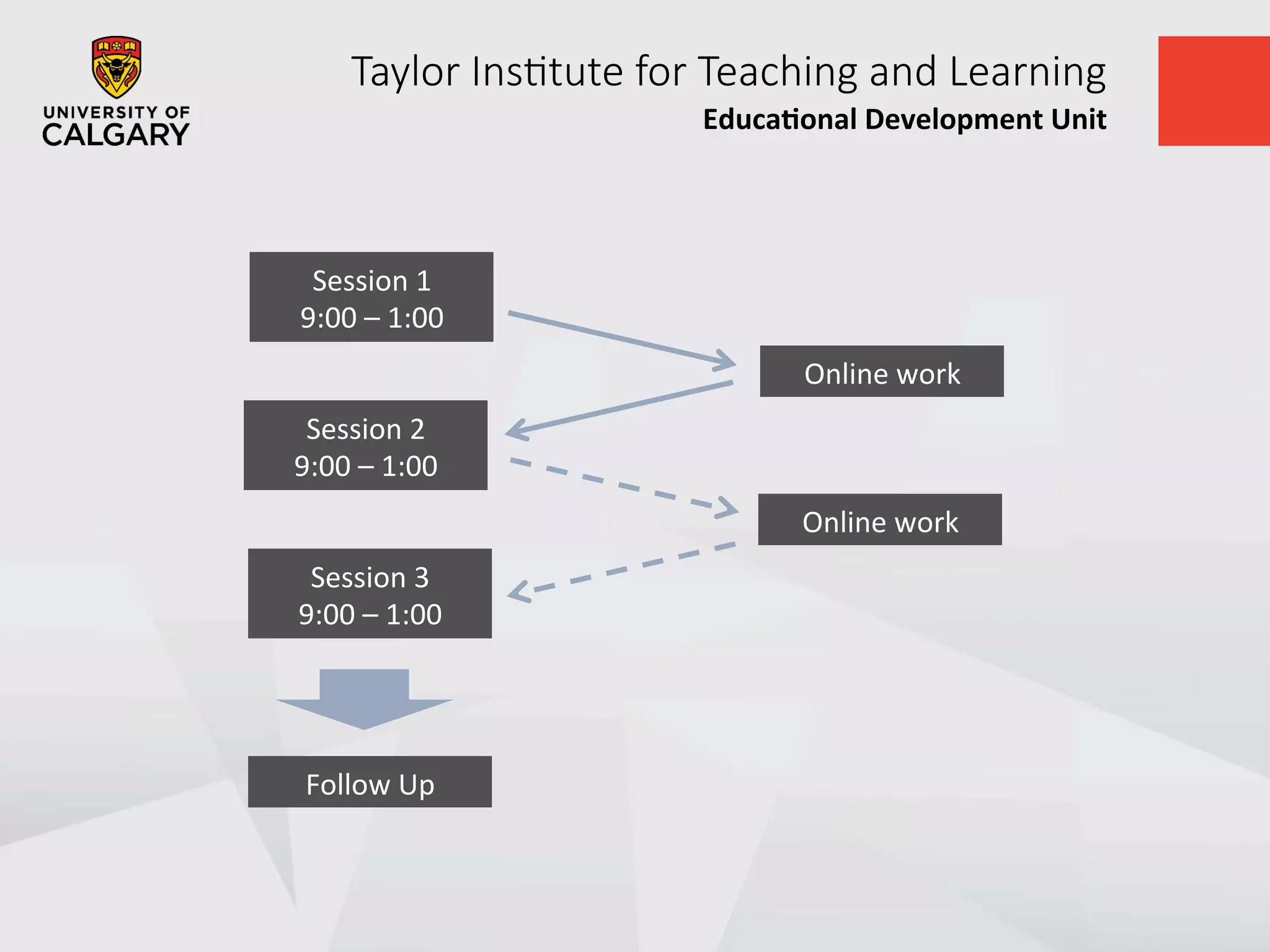 Taylor  Ins+tute  for  Teaching  and  Learning
Educa&onal	
  Development	
  Unit	
  
Session	
  1	
  
9:00	
  –	
  1:00	
  
Session	
  2	
  
9:00	
  –	
  1:00	
  
Session	
  3	
  
9:00	
  –	
  1:00	
  
Follow	
  Up	
  
Online	
  work	
  
Online	
  work	
  
 