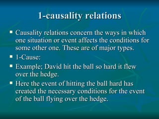 1-causality relations Causality relations concern the ways in which one situation or event affects the conditions for some other one. These are of major types. 1-Cause: Example; David hit the ball so hard it flew over the hedge. Here the event of hitting the ball hard has created the necessary conditions for the event of the ball flying over the hedge. 