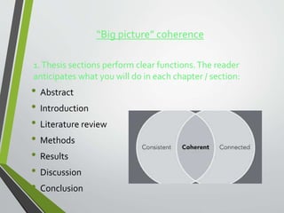 “Big picture” coherence
1.Thesis sections perform clear functions.The reader
anticipates what you will do in each chapter / section:
• Abstract
• Introduction
• Literature review
• Methods
• Results
• Discussion
• Conclusion
 