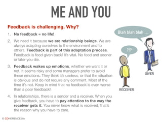 © COHERENCE.life
ME AND YOU
Feedback is challenging. Why?
1. No feedback = no life!
2. We need it because we are relationship beings. We are
always adapting ourselves to the environment and to
others. Feedback is part of this adaptation process.
Feedback is food given back! It’s vital. No food and sooner
or later you die.
3. Feedback wakes up emotions, whether we want it or
not. It seems risky and some managers prefer to avoid
these emotions. They think it’s useless, or that the situation
is obvious and do not require any comment. Most of the
time it’s not. Keep in mind that no feedback is even worse
than a poor feedback!
4. In relationships, there is a sender and a receiver. When you
give feedback, you have to pay attention to the way the
receiver gets it. You never know what is received, that’s
the reason why you have to care.
Blah blah blah …
?!?
GIVER
RECEIVER
 