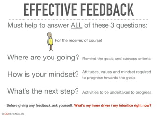 © COHERENCE.life
EFFECTIVE FEEDBACK
Must help to answer ALL of these 3 questions:
Remind the goals and success criteria
Attitudes, values and mindset required
to progress towards the goals
Activities to be undertaken to progress
Where are you going? 

How is your mindset? 

What’s the next step?
Before giving any feedback, ask yourself: What’s my inner driver / my intention right now?
For the receiver, of course!
 