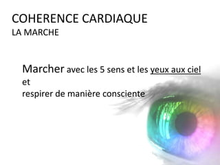 COHERENCE CARDIAQUE
LA MARCHE

Marcher avec les 5 sens et les yeux aux ciel
et
respirer de manière consciente

 