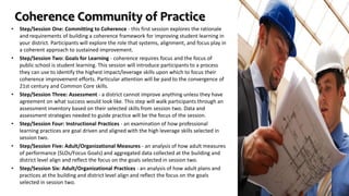 Coherence Community of Practice 
• Step/Session One: Committing to Coherence - this first session explores the rationale 
and requirements of building a coherence framework for improving student learning in 
your district. Participants will explore the role that systems, alignment, and focus play in 
a coherent approach to sustained improvement. 
• Step/Session Two: Goals for Learning - coherence requires focus and the focus of 
public school is student learning. This session will introduce participants to a process 
they can use to identify the highest impact/leverage skills upon which to focus their 
coherence improvement efforts. Particular attention will be paid to the convergence of 
21st century and Common Core skills. 
• Step/Session Three: Assessment - a district cannot improve anything unless they have 
agreement on what success would look like. This step will walk participants through an 
assessment inventory based on their selected skills from session two. Data and 
assessment strategies needed to guide practice will be the focus of the session. 
• Step/Session Four: Instructional Practices - an examination of how professional 
learning practices are goal driven and aligned with the high leverage skills selected in 
session two. 
• Step/Session Five: Adult/Organizational Measures - an analysis of how adult measures 
of performance (SLOs/Focus Goals) and aggregated data collected at the building and 
district level align and reflect the focus on the goals selected in session two. 
• Step/Session Six: Adult/Organizational Practices - an analysis of how adult plans and 
practices at the building and district level align and reflect the focus on the goals 
selected in session two. 
Jonathan P. Costa 
 