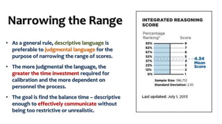 Narrowing the Range
• As a general rule, descriptive language is
preferable to judgmental language for the
purpose of narrowing the range of scores.
• The more judgmental the language, the
greater the time investment required for
calibration and the more dependent on
personnel the process.
• The goal is find the balance time – descriptive
enough to effectively communicate without
being too restrictive or unrealistic.
 