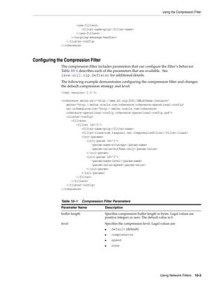 Using the Compression Filter


                       <use-filters>
                          <filter-name>gzip</filter-name>
                       </use-filters>
                    </outgoing-message-handler>
                 </cluster-config>
              </coherence>



Configuring the Compression Filter
              The compression filter includes parameters that can configure the filter’s behavior.
              Table 10–1 describes each of the parameters that are available. See
              java.util.zip.Deflater for additional details.
              The following example demonstrates configuring the compression filter and changes
              the default compression strategy and level:
              <?xml version='1.0'?>

              <coherence xmlns:xsi="http://www.w3.org/2001/XMLSchema-instance"
                 xmlns="http://xmlns.oracle.com/coherence/coherence-operational-config"
                 xsi:schemaLocation="http://xmlns.oracle.com/coherence/
                 coherence-operational-config coherence-operational-config.xsd">
                 <cluster-config>
                    <filters>
                       <filter id="1">
                          <filter-name>gzip</filter-name>
                          <filter-class>com.tangosol.net.CompressionFilter</filter-class>
                          <init-params>
                             <init-param id="1">
                                <param-name>strategy</param-name>
                                <param-value>huffman-only</param-value>
                             </init-param>
                             <init-param id="2">
                                <param-name>level</param-name>
                                <param-value>speed</param-value>
                             </init-param>
                          </init-params>
                       </filter>
                    </filters>
                 </cluster-config>
              </coherence>


              Table 10–1      Compression Filter Parameters
              Parameter Name               Description
              buffer-length                Specifies compression buffer length in bytes. Legal values are
                                           positive integers or zero. The default value is 0.
              level                        Specifies the compression level. Legal values are:
                                           ■   default (default)
                                           ■   compression
                                           ■   speed
                                           ■   none




                                                                                  Using Network Filters 10-3
 
