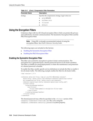 Using the Encryption Filters


                     Table 10–1 (Cont.) Compression Filter Parameters
                     Parameter Name               Description
                     strategy                     Specifies the compressions strategy. Legal values are:
                                                  ■   gzip (default)
                                                  ■   huffman-only
                                                  ■   filtered
                                                  ■   default


Using the Encryption Filters
                     Coherence ships with two JCA-based encryption filters which can protect the privacy
                     and authenticity of cluster communications: The Symmetric Encryption Filter and the
                     PKCS Encryption Filter.


                                Note:  Using SSL is strongly recommended instead of using the
                                encryption filters. See Oracle Coherence Security Guide.


                     The following topics are included in this Section:
                     ■    Enabling the Symmetric Encryption Filter
                     ■    Enabling the PKCS Encryption Filter


Enabling the Symmetric Encryption Filter
                     This filter uses symmetric encryption to protect cluster communications. The
                     encryption key is generated from a shared password known to all cluster members.
                     This filter is suitable for small deployments or where the maintenance and protection
                     of a shared password is feasible.
                     To enable this filter, modify specific service definitions to include the filter or enable it
                     for all cluster traffic. The following example enables the filter for all cluster traffic.
                     <?xml version='1.0'?>

                     <coherence xmlns:xsi="http://www.w3.org/2001/XMLSchema-instance"
                        xmlns="http://xmlns.oracle.com/coherence/coherence-operational-config"
                        xsi:schemaLocation="http://xmlns.oracle.com/coherence/
                        coherence-operational-config coherence-operational-config.xsd">
                        <cluster-config>
                           <outgoing-message-handler>
                              <use-filters>
                                 <filter-name>symmetric-encryption</filter-name>
                              </use-filters>
                           </outgoing-message-handler>
                        </cluster-config>
                     </coherence>

                     The shared password may either be specified in the <filter> section of the
                     tangosol-coherence-override.xml file, or by using the
                     tangosol.coherence.security.password system property.




10-4 Oracle Coherence Developer's Guide
 
