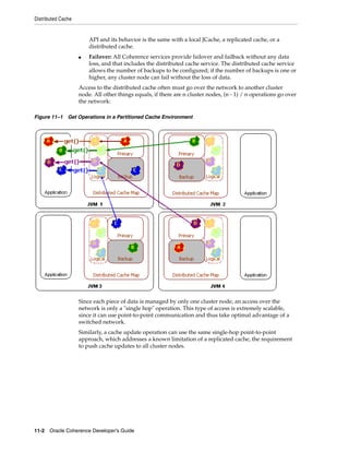 Distributed Cache


                        API and its behavior is the same with a local JCache, a replicated cache, or a
                        distributed cache.
                    ■   Failover: All Coherence services provide failover and failback without any data
                        loss, and that includes the distributed cache service. The distributed cache service
                        allows the number of backups to be configured; if the number of backups is one or
                        higher, any cluster node can fail without the loss of data.
                    Access to the distributed cache often must go over the network to another cluster
                    node. All other things equals, if there are n cluster nodes, (n - 1) / n operations go over
                    the network:

Figure 11–1 Get Operations in a Partitioned Cache Environment




                    Since each piece of data is managed by only one cluster node, an access over the
                    network is only a "single hop" operation. This type of access is extremely scalable,
                    since it can use point-to-point communication and thus take optimal advantage of a
                    switched network.
                    Similarly, a cache update operation can use the same single-hop point-to-point
                    approach, which addresses a known limitation of a replicated cache, the requirement
                    to push cache updates to all cluster nodes.




11-2 Oracle Coherence Developer's Guide
 