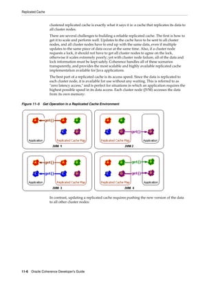 Replicated Cache


                   clustered replicated cache is exactly what it says it is: a cache that replicates its data to
                   all cluster nodes.
                   There are several challenges to building a reliable replicated cache. The first is how to
                   get it to scale and perform well. Updates to the cache have to be sent to all cluster
                   nodes, and all cluster nodes have to end up with the same data, even if multiple
                   updates to the same piece of data occur at the same time. Also, if a cluster node
                   requests a lock, it should not have to get all cluster nodes to agree on the lock,
                   otherwise it scales extremely poorly; yet with cluster node failure, all of the data and
                   lock information must be kept safely. Coherence handles all of these scenarios
                   transparently, and provides the most scalable and highly available replicated cache
                   implementation available for Java applications.
                   The best part of a replicated cache is its access speed. Since the data is replicated to
                   each cluster node, it is available for use without any waiting. This is referred to as
                   "zero latency access," and is perfect for situations in which an application requires the
                   highest possible speed in its data access. Each cluster node (JVM) accesses the data
                   from its own memory:

Figure 11–5 Get Operation in a Replicated Cache Environment




                   In contrast, updating a replicated cache requires pushing the new version of the data
                   to all other cluster nodes:




11-6 Oracle Coherence Developer's Guide
 
