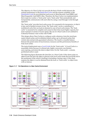 Near Cache


                 The objective of a Near Cache is to provide the best of both worlds between the
                 extreme performance of the Replicated Cache and the extreme scalability of the
                 Distributed Cache by providing fast read access to Most Recently Used (MRU) and
                 Most Frequently Used (MFU) data. Therefore, the Near Cache is an implementation
                 that wraps two caches: a "front cache" and a "back cache" that automatically and
                 transparently communicate with each other by using a read-through/write-through
                 approach.
                 The "front cache" provides local cache access. It is assumed to be inexpensive, in that it
                 is fast, and is limited in terms of size. The "back cache" can be a centralized or
                 multitiered cache that can load-on-demand in case of local cache misses. The "back
                 cache" is assumed to be complete and correct in that it has much higher capacity, but
                 more expensive in terms of access speed. The use of a Near Cache is not confined to
                 Coherence*Extend; it also works with TCMP.
                 This design allows Near Caches to configure cache coherency, from the most basic
                 expiry-based caches and invalidation-based caches, up to advanced caches that
                 version data and provide guaranteed coherency. The result is a tunable balance
                 between the preservation of local memory resources and the performance benefits of
                 truly local caches.
                 The typical deployment uses a Local Cache for the "front cache". A Local Cache is a
                 reasonable choice because it is thread safe, highly concurrent, size-limited,
                 auto-expiring, and stores the data in object form. For the "back cache", a remote,
                 partitioned cache is used.
                 The following figure illustrates the data flow in a Near Cache. If the client writes an
                 object D into the grid, the object is placed in the local cache inside the local JVM and in
                 the partitioned cache which is backing it (including a backup copy). If the client
                 requests the object, it can be obtained from the local, or "front cache", in object form
                 with no latency.

Figure 11–7 Put Operations in a Near Cache Environment




11-8 Oracle Coherence Developer's Guide
 