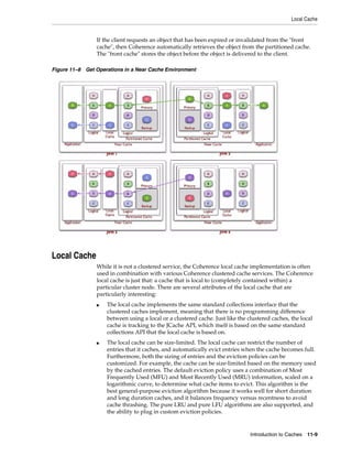 Local Cache


                If the client requests an object that has been expired or invalidated from the "front
                cache", then Coherence automatically retrieves the object from the partitioned cache.
                The "front cache" stores the object before the object is delivered to the client.

Figure 11–8 Get Operations in a Near Cache Environment




Local Cache
                While it is not a clustered service, the Coherence local cache implementation is often
                used in combination with various Coherence clustered cache services. The Coherence
                local cache is just that: a cache that is local to (completely contained within) a
                particular cluster node. There are several attributes of the local cache that are
                particularly interesting:
                ■   The local cache implements the same standard collections interface that the
                    clustered caches implement, meaning that there is no programming difference
                    between using a local or a clustered cache. Just like the clustered caches, the local
                    cache is tracking to the JCache API, which itself is based on the same standard
                    collections API that the local cache is based on.
                ■   The local cache can be size-limited. The local cache can restrict the number of
                    entries that it caches, and automatically evict entries when the cache becomes full.
                    Furthermore, both the sizing of entries and the eviction policies can be
                    customized. For example, the cache can be size-limited based on the memory used
                    by the cached entries. The default eviction policy uses a combination of Most
                    Frequently Used (MFU) and Most Recently Used (MRU) information, scaled on a
                    logarithmic curve, to determine what cache items to evict. This algorithm is the
                    best general-purpose eviction algorithm because it works well for short duration
                    and long duration caches, and it balances frequency versus recentness to avoid
                    cache thrashing. The pure LRU and pure LFU algorithms are also supported, and
                    the ability to plug in custom eviction policies.


                                                                               Introduction to Caches 11-9
 