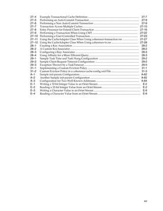 27–4    Example Transactional Cache Definition ............................................................................. 27-7
27–5    Performing an Auto-Commit Transaction ........................................................................... 27-9
27–6    Performing a Non Auto-Commit Transaction..................................................................... 27-9
27–7    Transaction Across Multiple Caches................................................................................... 27-10
27–8    Entry Processor for Extend Client Transaction ................................................................. 27-16
27–9    Performing a Transaction When Using CMT .................................................................... 27-22
27–10   Performing a User-Controlled Transaction........................................................................ 27-23
27–11   Using the CacheAdapter Class When Using coherence-transaction.rar ....................... 27-27
27–12   Using the CacheAdapter Class When Using coherence-tx.rar........................................ 27-28
28–1    Creating a Key Association .................................................................................................... 28-2
28–2    A Custom KeyAssociator........................................................................................................ 28-2
28–3    Configuring a Key Associator ................................................................................................ 28-3
28–4    Using Affinity for a More Efficient Query ........................................................................... 28-3
29–1    Sample Task Time and Task Hung Configuration ............................................................. 29-2
29–2    Sample Client Request Timeout Configuration .................................................................. 29-2
29–3    Exception Thrown by a TaskTimeout ................................................................................... 29-5
31–1    Implementing a Custom Eviction Policy.............................................................................. 31-1
31–2    Custom Eviction Policy in a coherence-cache-config.xml File .......................................... 31-3
A–1     Sample init-param Configuration.......................................................................................... A-62
A–2     Another Sample init-param Configuration.......................................................................... A-62
A–3     Configuration for Two Well-Known-Addresses................................................................. A-84
E–1     Writing a 32-bit Integer Value to an Octet Stream ................................................................ E-2
E–2     Reading a 32-bit Integer Value from an Octet Stream.......................................................... E-2
E–3     Writing a Character Value to an Octet Stream ...................................................................... E-9
E–4     Reading a Character Value from an Octet Stream ................................................................ E-9




                                                                                                                                        xxi
 