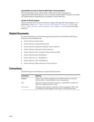 Accessibility of Links to External Web Sites in Documentation
          This documentation may contain links to Web sites of other companies or
          organizations that Oracle does not own or control. Oracle neither evaluates nor makes
          any representations regarding the accessibility of these Web sites.

          Access to Oracle Support
          Oracle customers have access to electronic support through My Oracle Support. For
          information, visit http://www.oracle.com/support/contact.html or visit
          http://www.oracle.com/accessibility/support.html if you are hearing
          impaired.


Related Documents
          For more information, see the following documents that are included in the Oracle
          Coherence documentation set:
          ■    Oracle Coherence Client Guide
          ■    Oracle Coherence Getting Started Guide
          ■    Oracle Coherence Integration Guide for Oracle Coherence
          ■    Oracle Coherence Tutorial for Oracle Coherence
          ■    Oracle Coherence User's Guide for Oracle Coherence*Web
          ■    Oracle Coherence Java API Reference
          ■    Oracle Coherence C++ API Reference
          ■    Oracle Coherence .NET API Reference
          ■    Oracle Coherence Release Notes for Oracle Coherence


Conventions
          The following text conventions are used in this document:

          Convention            Meaning
          boldface              Boldface type indicates graphical user interface elements associated
                                with an action, or terms defined in text or the glossary.
          italic                Italic type indicates book titles, emphasis, or placeholder variables for
                                which you supply particular values.
          monospace             Monospace type indicates commands within a paragraph, URLs, code
                                in examples, text that appears on the screen, or text that you enter.




xxviii
 
