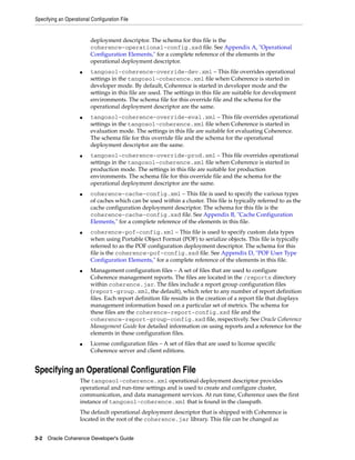 Specifying an Operational Configuration File


                          deployment descriptor. The schema for this file is the
                          coherence-operational-config.xsd file. See Appendix A, "Operational
                          Configuration Elements," for a complete reference of the elements in the
                          operational deployment descriptor.
                     ■    tangosol-coherence-override-dev.xml – This file overrides operational
                          settings in the tangosol-coherence.xml file when Coherence is started in
                          developer mode. By default, Coherence is started in developer mode and the
                          settings in this file are used. The settings in this file are suitable for development
                          environments. The schema file for this override file and the schema for the
                          operational deployment descriptor are the same.
                     ■    tangosol-coherence-override-eval.xml – This file overrides operational
                          settings in the tangosol-coherence.xml file when Coherence is started in
                          evaluation mode. The settings in this file are suitable for evaluating Coherence.
                          The schema file for this override file and the schema for the operational
                          deployment descriptor are the same.
                     ■    tangosol-coherence-override-prod.xml – This file overrides operational
                          settings in the tangosol-coherence.xml file when Coherence is started in
                          production mode. The settings in this file are suitable for production
                          environments. The schema file for this override file and the schema for the
                          operational deployment descriptor are the same.
                     ■    coherence-cache-config.xml – This file is used to specify the various types
                          of caches which can be used within a cluster. This file is typically referred to as the
                          cache configuration deployment descriptor. The schema for this file is the
                          coherence-cache-config.xsd file. See Appendix B, "Cache Configuration
                          Elements," for a complete reference of the elements in this file.
                     ■    coherence-pof-config.xml – This file is used to specify custom data types
                          when using Portable Object Format (POF) to serialize objects. This file is typically
                          referred to as the POF configuration deployment descriptor. The schema for this
                          file is the coherence-pof-config.xsd file. See Appendix D, "POF User Type
                          Configuration Elements," for a complete reference of the elements in this file.
                     ■    Management configuration files – A set of files that are used to configure
                          Coherence management reports. The files are located in the /reports directory
                          within coherence.jar. The files include a report group configuration files
                          (report-group.xml, the default), which refer to any number of report definition
                          files. Each report definition file results in the creation of a report file that displays
                          management information based on a particular set of metrics. The schema for
                          these files are the coherence-report-config.xsd file and the
                          coherence-report-group-config.xsd file, respectively. See Oracle Coherence
                          Management Guide for detailed information on using reports and a reference for the
                          elements in these configuration files.
                     ■    License configuration files – A set of files that are used to license specific
                          Coherence server and client editions.


Specifying an Operational Configuration File
                     The tangosol-coherence.xml operational deployment descriptor provides
                     operational and run-time settings and is used to create and configure cluster,
                     communication, and data management services. At run time, Coherence uses the first
                     instance of tangosol-coherence.xml that is found in the classpath.
                     The default operational deployment descriptor that is shipped with Coherence is
                     located in the root of the coherence.jar library. This file can be changed as


3-2 Oracle Coherence Developer's Guide
 