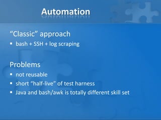 Automation
“Classic” approach
 bash + SSH + log scraping
Problems
 not reusable
 short “half-live” of test harness
 Java and bash/awk is totally different skill set
 