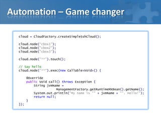 Automation – Game changer
cloud = CloudFactory.createSimpleSshCloud();
cloud.node("cbox1");
cloud.node("cbox2");
cloud.node("cbox3");
cloud.node("**").touch();
// Say hello
cloud.node("**").exec(new Callable<Void>() {
@Override
public Void call() throws Exception {
String jvmName =
ManagementFactory.getRuntimeMXBean().getName();
System.out.println("My name is '" + jvmName + "'. Hello!");
return null;
}
});
 