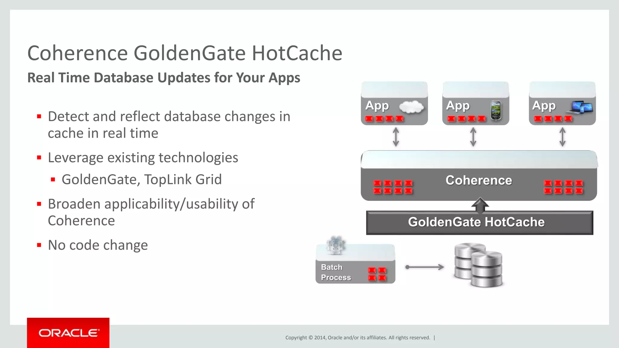 Coherence GoldenGate HotCache 
Real Time Database Updates for Your Apps 
 Detect and reflect database changes in 
cache in real time 
Copyright © 2014, Oracle and/or its affiliates. All rights reserved. | 
 Leverage existing technologies 
 GoldenGate, TopLink Grid 
 Broaden applicability/usability of 
Coherence 
 No code change 
App App App 
Coherence 
Batch 
Process 
GoldenGate HotCache 
 