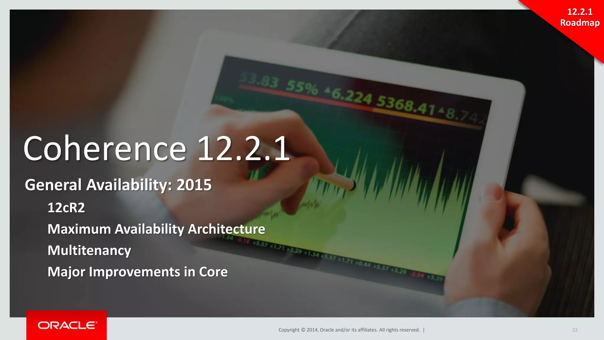 Coherence 12.2.1 
General Availability: 2015 
Copyright © 2014, Oracle and/or its affiliates. All rights reserved. | 
12cR2 
Maximum Availability Architecture 
Multitenancy 
Major Improvements in Core 
12.2.1 
Roadmap 
22 
 
