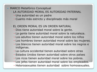  MARCO Metafórico Conceptual
◦ LA AUTORIDAD MORAL ES AUTORIDAD PATERNAL
 Una autoridad es un padre
 Cuanto más estricto y disciplinado más moral
◦ EL ORDEN MORAL ES UN ORDEN NATURAL
 Dios tiene autoridad moral sobre la gente.
 La gente tiene autoridad moral sobre la naturaleza.
 Los adultos tienen autoridad moral sobre los niños
 Los hombres tienen autoridad moral sobre las mujeres.
 Los blancos tienen autoridad moral sobre los negros e
indígenas.
 La cultura occidental tienen autoridad sobre otras
 Estados Unidos tienen autoridad sobre otros países
 Los ricos tienen autoridad moral sobre los pobres.
 Los jefes tienen autoridad moral sobre los empleados.
 Heterosexuales tienen autoridad sobre homosexuales.
 