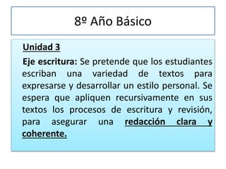8º Año Básico
Unidad 3
Eje escritura: Se pretende que los estudiantes
escriban una variedad de textos para
expresarse y desarrollar un estilo personal. Se
espera que apliquen recursivamente en sus
textos los procesos de escritura y revisión,
para asegurar una redacción clara y
coherente.
 