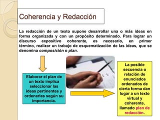 La posible secuencia o relación de enunciados ordenados de cierta forma dan lugar a un texto virtual y coherente, llamado plan de redacción.Elaborar el plan de un texto implica seleccionar las ideas pertinentes y ordenarlas según su importancia.Coherencia y RedacciónLa redacción de un texto supone desarrollar una o más ideas en forma organizada y con un propósito determinado. Para lograr un discurso expositivo coherente, es necesario, en primer término, realizar un trabajo de esquematización de las ideas, que se denomina composición o plan. 