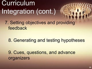 Curriculum
Integration (cont.)
7. Setting objectives and providing
feedback
8. Generating and testing hypotheses
9. Cues, questions, and advance
organizers
65
 