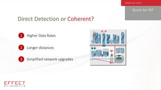 Direct Detection or Coherent?
Higher Data Rates
1
2
Simplified network upgrades
3
Longer distances
Room for PIP
Coherent vs DD – Scene 4
 