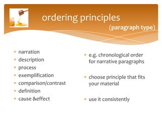 ordering principles
                               (paragraph type)


narration
                      e.g. chronological order
description           for narrative paragraphs
process
exemplification       choose principle that fits
comparison/contrast   your material
definition
cause &effect         use it consistently
 