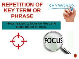 Helps readers to focus on ideas and
keeps reader on track.
 