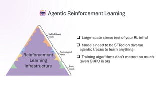 Agentic Reinforcement Learning
Reinforcement
Learning
Infrastructure
❑ Large-scale stress test of your RL infra!
❑ Models need to be SFTed on diverse
agentic traces to learn anything
❑ Training algorithms don’t matter too much
(even GRPO is ok)
 