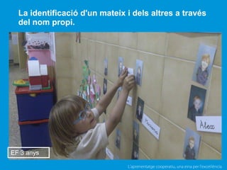 L’aprenentatge cooperatiu, una eina per l'excel·lència
La identificació d'un mateix i dels altres a través
del nom propi.
EF 3 anys
 
