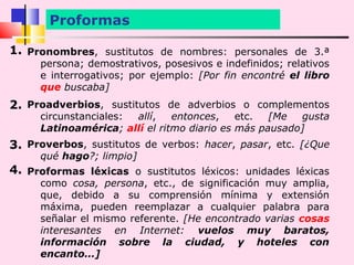 Proformas

1. Pronombres, sustitutos de nombres: personales de 3.ª
     persona; demostrativos, posesivos e indefinidos; relativos
     e interrogativos; por ejemplo: [Por fin encontré el libro
     que buscaba]
2. Proadverbios, sustitutos de adverbios o complementos
     circunstanciales: allí,   entonces,    etc.  [Me  gusta
     Latinoamérica; allí el ritmo diario es más pausado]
3. Proverbos, sustitutos de verbos: hacer, pasar, etc. [¿Que
     qué hago?; limpio]
4. Proformas léxicas o sustitutos léxicos: unidades léxicas
     como cosa, persona, etc., de significación muy amplia,
     que, debido a su comprensión mínima y extensión
     máxima, pueden reemplazar a cualquier palabra para
     señalar el mismo referente. [He encontrado varias cosas
     interesantes en Internet: vuelos muy baratos,
     información sobre la ciudad, y hoteles con
     encanto…]
 