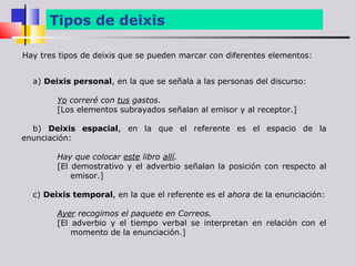 Tipos de deixis

Hay tres tipos de deixis que se pueden marcar con diferentes elementos:


  a) Deixis personal, en la que se señala a las personas del discurso:

        Yo correré con tus gastos.
        [Los elementos subrayados señalan al emisor y al receptor.]

  b) Deixis espacial, en la que el referente es el espacio de la
enunciación:

        Hay que colocar este libro allí.
        [El demostrativo y el adverbio señalan la posición con respecto al
            emisor.]

  c) Deixis temporal, en la que el referente es el ahora de la enunciación:

        Ayer recogimos el paquete en Correos.
        [El adverbio y el tiempo verbal se interpretan en relación con el
            momento de la enunciación.]
 