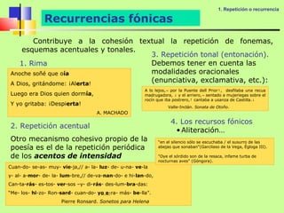 1. Repetición o recurrencia

              Recurrencias fónicas
        Contribuye a la cohesión textual la repetición de fonemas,
    esquemas acentuales y tonales.
                                    3. Repetición tonal (entonación).
   1. Rima                          Debemos tener en cuenta las
Anoche soñé que oía                 modalidades oracionales
A Dios, gritándome: ¡Alerta!
                                    (enunciativa, exclamativa, etc.):
                                                        A lo lejos,→ por la Puente dell Prior↑, desfilaba una recua
Luego era Dios quien dormía,                            madrugadora, ↓ y el arriero,→ sentado a mujeriegas sobre el
                                                        rocín que iba postrero,↑ cantaba a usanza de Castilla.↓
Y yo gritaba: ¡Despierta!
                                                                   Valle-Inclán. Sonata de Otoño.
                                    A. MACHADO

                                                                    4. Los recursos fónicos
2. Repetición acentual
                                                                     • Aliteración…
Otro mecanismo cohesivo propio de la                          “en el silencio sólo se escuchaba / el susurro de las
poesía es el de la repetición periódica                       abejas que sonaban"(Garcilaso de la Vega, Égloga III).

de los acentos de intensidad                                  "Oye el sórdido son de la resaca, infame turba de
                                                              nocturnas aves" (Góngora).
Cuan-do- se-as- muy- vie-ja,// a- la- luz- de- u-na- ve-la
y- al- a-mor- de- la- lum-bre,// de-va-nan-do- e hi-lan-do,
Can-ta-rás- es-tos- ver-sos –y- di-rás- des-lum-bra-das:
“Me- los- hi-zo- Ron-sard- cuan-do- yo e-ra- más- be-lla”.
                      Pierre Ronsard. Sonetos para Helena
 