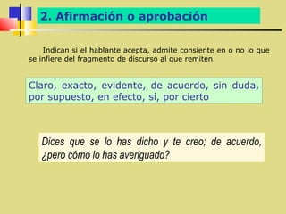 2. Afirmación o aprobación

    Indican si el hablante acepta, admite consiente en o no lo que
se infiere del fragmento de discurso al que remiten.


Claro, exacto, evidente, de acuerdo, sin duda,
por supuesto, en efecto, sí, por cierto



   Dices que se lo has dicho y te creo; de acuerdo,
   ¿pero cómo lo has averiguado?
 