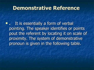 Demonstrative Reference  .  It is essentially a form of verbal pointing. The speaker identifies or points pout the referent by locating it on scale of proximity. The system of demonstrative pronoun is given in the following table.  