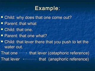 ExampleExample::
 Child: why does that one come out?Child: why does that one come out?
 Parent: that whatParent: that what
 Child: that one.Child: that one.
 Parent: that one what?Parent: that one what?
 Child: that lever there that you push to let theChild: that lever there that you push to let the
water out.water out.
That oneThat one that lever (cataphoric reference)that lever (cataphoric reference)
That leverThat lever thatthat (anaphoric reference)(anaphoric reference)
 