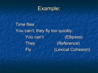 Example:Example:
Time fliesTime flies
You can’t; they fly too quickly.You can’t; they fly too quickly.
You can’tYou can’t (Ellipses)(Ellipses)
They (Reference)They (Reference)
Fly (Lexical Cohesion)Fly (Lexical Cohesion)
 