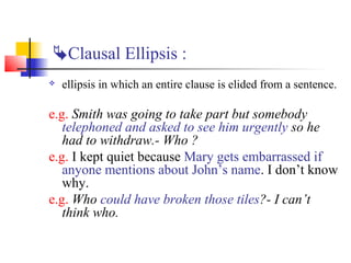 Clausal Ellipsis :
   ellipsis in which an entire clause is elided from a sentence.

e.g. Smith was going to take part b...