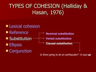 TYPES OF COHESION (Halliday & Hasan, 1976) Lexical cohesion Reference Substitution Ellipsis Conjunction Nominal substitution Verbal substitution Clausal substitution Is there going to be an earthquake? –It says  so 