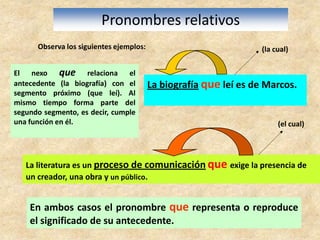 Pronombres relativosObserva los siguientes ejemplos:(la cual)El nexo que relaciona el antecedente (la biografía) con el segmento próximo (que leí). Al mismo tiempo forma parte del segundo segmento, es decir, cumple una función en él. La biografíaque leí es de Marcos.(el cual)La literatura es un proceso de comunicaciónque exige la presencia de un creador, una obra y un público.En ambos casos el pronombre que representa o reproduce el significado de su antecedente.