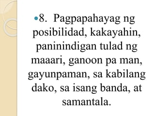 8. Pagpapahayag ng
posibilidad, kakayahin,
paninindigan tulad ng
maaari, ganoon pa man,
gayunpaman, sa kabilang
dako, sa isang banda, at
samantala.
 