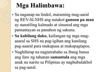 Mga Halimbawa:
 Sa naganap na lindol, maraming mag-aaral
ng REV-SLNHS ang natakot ganoon pa man
ay nanatiling kalmado at sinunod ang mga
pamantayan sa panahon ng sakuna.
 Sa kabilang dako, kailangan ng mga mag-
aaaral sa SHS na pag-igihan ang kanilang
pag-aaaral para makapasa at makapagtapos.
 Naghihirap na nagtatrabaho sa ibang bansa
ang ilaw ng tahanan samantala ang mga
anak na narito sa Pilipinas ay nagbubulakbol
sa pag-aaral.
 