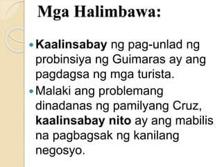 Mga Halimbawa:
Kaalinsabay ng pag-unlad ng
probinsiya ng Guimaras ay ang
pagdagsa ng mga turista.
Malaki ang problemang
dinadanas ng pamilyang Cruz,
kaalinsabay nito ay ang mabilis
na pagbagsak ng kanilang
negosyo.
 