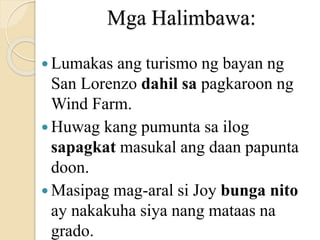 Mga Halimbawa:
 Lumakas ang turismo ng bayan ng
San Lorenzo dahil sa pagkaroon ng
Wind Farm.
 Huwag kang pumunta sa ilog
sapagkat masukal ang daan papunta
doon.
 Masipag mag-aral si Joy bunga nito
ay nakakuha siya nang mataas na
grado.
 