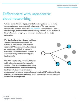 Multicast is one of the most popular and efﬁcient ways to do one-to-many
communication over secure network infrastructure. The most common
transport layer multicast protocol is UDP multicast. Enterprise data centers,
stock exchanges, and multimedia content delivery networks all use multicast to
deliver information to a group of computers simultaneously in a single
transmission.
Why do cloud providers disable multicast?
Providers themselves use broadcast and
multicast to offer services such as server
motion and IP failover. Additionally, multicast
and broadcast are difﬁcult to manage in
multi-tenant cloud environments. Multicast is
considered “chatty” and can crowd public
cloud networks.
With NFV-based overlay networks, CSPs can
enable otherwise restricted protocols for
customers. Overlay networks simply create a
private, sealed network on top of an existing
cloud network. Customers can use the
overlay network to control network features, including UDP multicast. Overlay
networks can improve interoperability, attract more enterprise customers, and
enhance CSP market position.
7June 2014
Copyright Cohesive Networks
Differentiate with user-centric  
cloud networking
Network FunctionVirtualization
Cohesive Networks White Paper
 