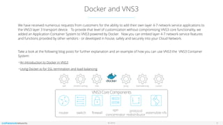 © 2016
Docker and VNS3
5
We have received numerous requests from customers for the ability to add their own layer 4-7 network service applications to
the VNS3 layer 3 transport device. To provide that level of customization without compromising VNS3 core functionality, we
added an Application Container System to VNS3 powered by Docker. Now you can embed layer 4-7 network service features
and functions provided by other vendors - or developed in house, safely and securely into your Cloud Network.
Take a look at the following blog posts for further explanation and an example of how you can use VNS3 the VNS3 Container
System:
•An Introduction to Docker in VNS3
•Using Docker.io for SSL termination and load balancing
waf content caching nids proxy load balancing custom
router switch ﬁrewall vpn concentrator
protocol
redistributor
dynamic &
srciptable sdn
VNS3 Core Components
ﬁrewall
vpn
concentrator
protocol
redistributor
extensible nfv
VNS3CoreComponents
router switch
 